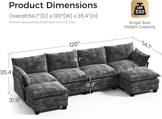 KKL 120" Modular Sectional Sofa for Living Room, U-Shaped 6 Seater Convertible L-Shaped Cloud Couch with Ottoman, Chenille Modern Sectional Couches for Living Room, Apartment, Grey