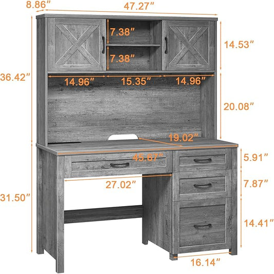 Farmhouse 67" H Executive Desk with Hutch,Office Desk with 4 Drawers and LED light, Wood Workstation for Home Office and Study, Computer Desk with Storage Cabinet,File Drawers, Charging Station.Gray