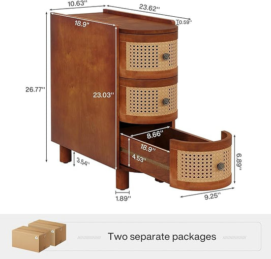 Tribesigns 3-Drawer Rattan End Table, Sofa Side Table with Vintage Embossed Handles, Slim Nightstand for Living Room, Bedroom, Finished Back, No Assembly (Walnut & Oak, 2PCS)