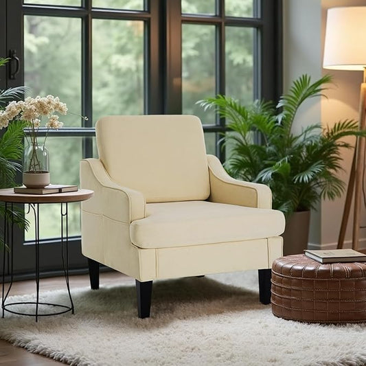 Modern Accent Chair for Bedroom Upholstered Reading Chair with Side Pockets Comfy Living Room Chairs Living Room Armchair for Office, Apartment, Small Room (Beige)