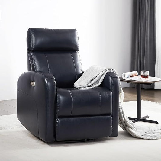 CHITA Genuine Leather Power Swivel Glider Recliner Chair for Adults, FSC Certified Electric Nursery Rocker Recliner Chair for Living Room, Navy Blue