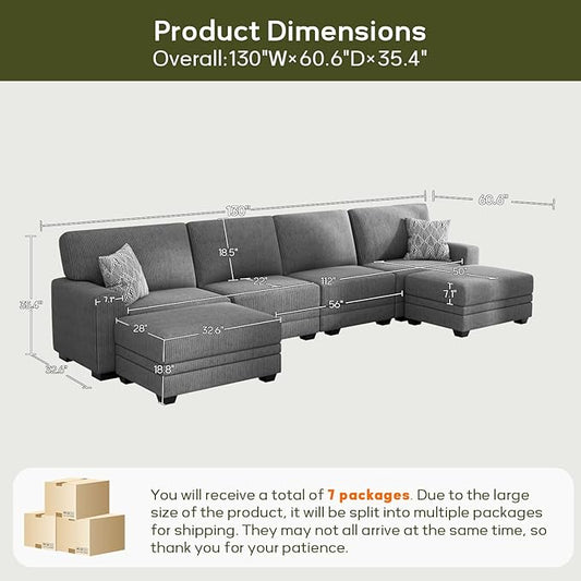 Wanderwell Oversized Modular Sectional Sofa, 6-Seater U Shaped Couches with Movable Ottoman,Corduroy Sectional Couch with Wide and Deep Seats Suitable for Living Room,Bedroom,Apartment (Grey, U-6)