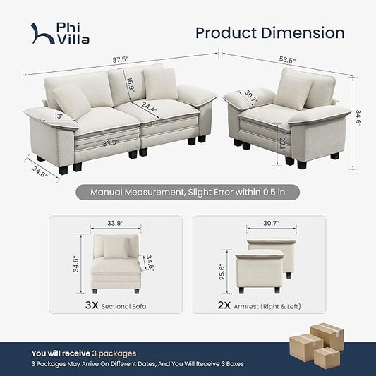 PHI VILLA Cloud Modular Couches Sets, 2 Pieces Sectional Sofa Set with Loveseat, 3-Seater Comfy Couch for Living Room Apartment, Chenille Fabric, Beige