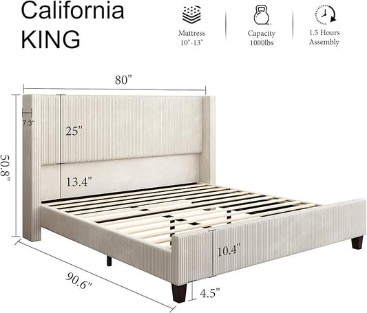 HOWE California King Size Upholstered Platform Bed Frame, Wingback Bed with 50.8" Headboard, Corduroy/Solid Wood Leg/No Box Spring Needed/Noise Free Sturdy Structure/Cream