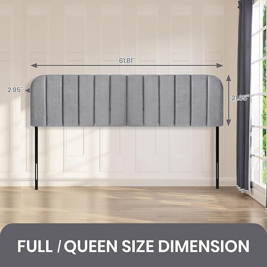 Upholstered Headboard - Striped Interval - Adjustable Height - Metal Legs - Bed Frame (Grey, Queen (U.S. Standard))
