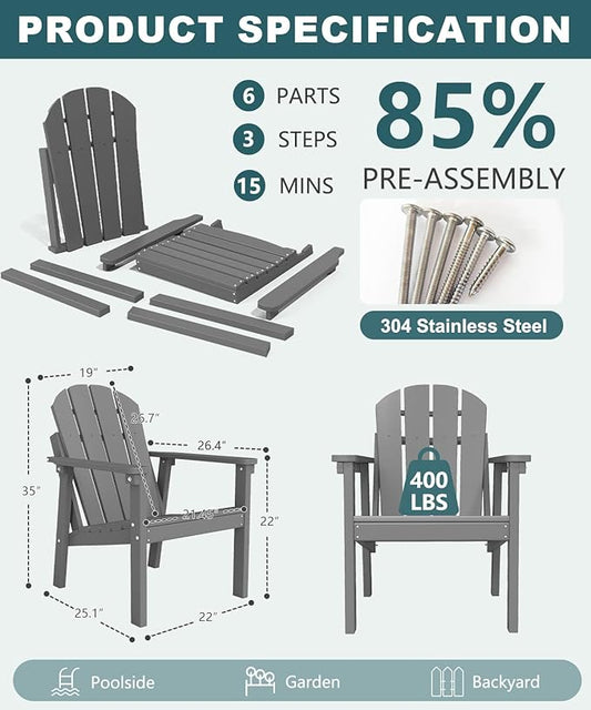 Adirondack Chair Set of 4, All Weather HDPE Fire Pit Chairs, Oversized Plastic Adirondack Chair for Outdoor, Balcony, Deck, Backyard, Patio, Garden, Poolside, Lawn Grey