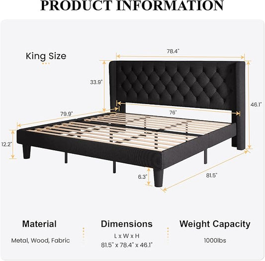 SHA CERLIN King Size Platform Bed Frame with Upholstered Headboard and Wingback, Button Tufted Design, Easy Assembly, No Box Spring Needed, Black