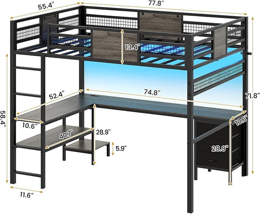 ADORNEVE Loft Bed Full Size with L-Shaped Desk, 3 Storage Drawers, Power Outlet, 3 Storage Shelves, Metal Loft Bed Frame with RGB Lights, Bed with Safety Guardrail & Ladders,Space-Saving, Grey