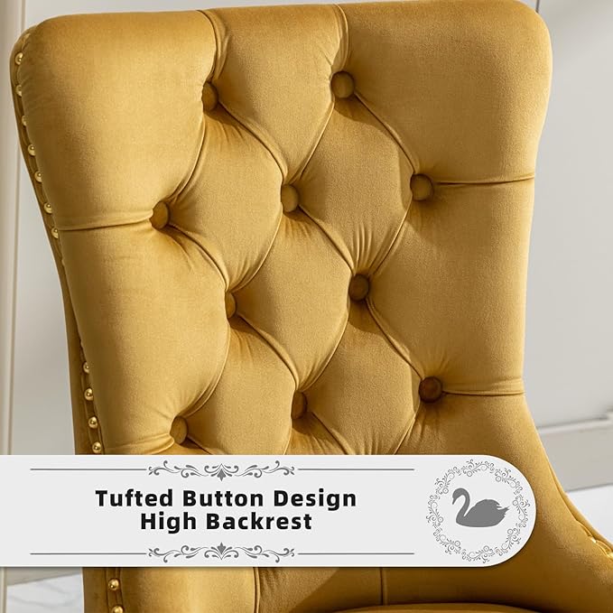 Velvet Upholstered Dining Chairs Set of 4, Modern Style Kitchen Side Chairs with Nailhead Trim and Gold Plated Leg, Metal Pulling Ring for Dining Room Living Room(Gold-Gold Plated Leg)
