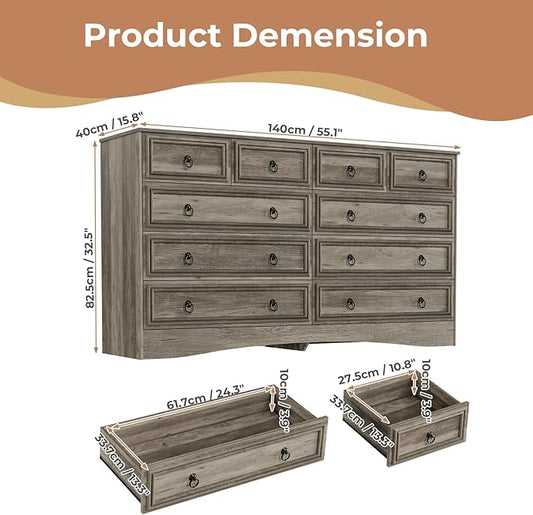10 Drawers Dresser for Bedroom, 55.2 Inch Wide Large Dressers & Chests of Drawers, TV Stand for 65 inch, Storage Organizer Furniture, Hallway, Entryway, Closet, Brownish Grey