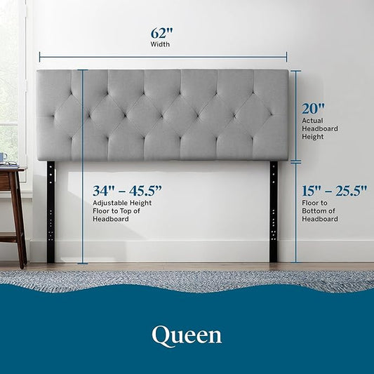 Lucid Mid-Rise Upholstered Headboard - Diamond Tufted - Padded Polyester - Adjustable Height from 34” to 46” - Easy Assembly - Bed Frame or Wall Mount - Sturdy - Stone - Queen Size