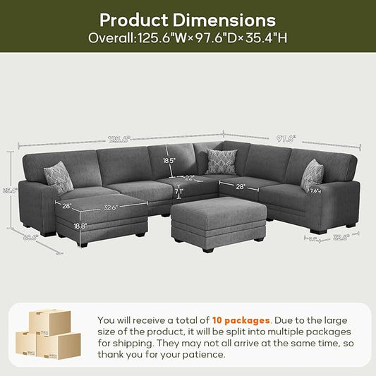 Wanderwell Oversized Modular Sectional Sofa, 8-Seater U Shaped Couches with Movable Ottoman,Corduroy Sectional Couch with Wide and Deep Seats Suitable for Living Room,Bedroom,Apartment (Grey, U-8)