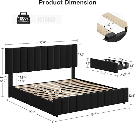 Garvee King Size Bed Frame with 4 Storage Drawers, Adjustable Height Headboard, Linen Upholstered Platform Bed Frame, No Box Spring Needed, Easy Assembly, Black