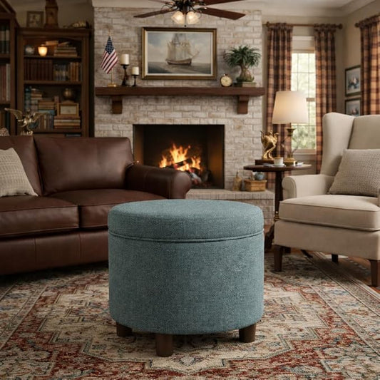 Homepop Home Decor | Upholstered Round Storage Ottoman | Ottoman with Storage for Living Room & Bedroom, Teal Tweed Large