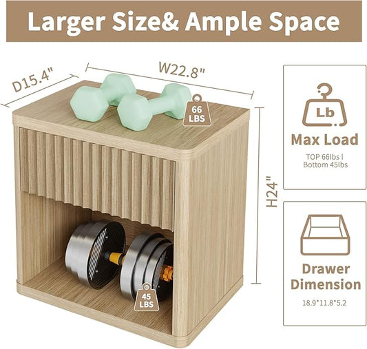 Large Modern Nightstand with Drawer Storage 22.8Inch Wide Fluted Bedside Table End Table for Bedroom, Living Room, Sofa, Couch, Home Office,Mid Century Bed Stands, Natural Color