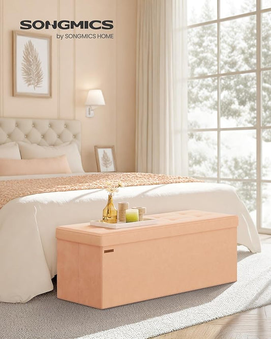 SONGMICS Mazie Collection - Storage Ottoman Bench, Foldable Foot Rest, 15 x 43 x 15 Inches, End of Bed Bench, Storage Chest, Load 660 lb, Living Room, Bedroom, Entryway, Apricot ULSF277O01