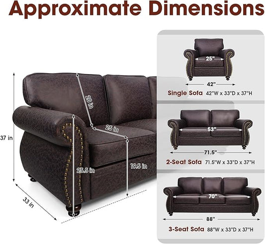 Living Room Furniture Sets,Sofa Sets and Couch Sets for Living Room,Mid-Century Vintage Sofa Couches with Rivet Design (Brown, Loveseat+3 Seater)