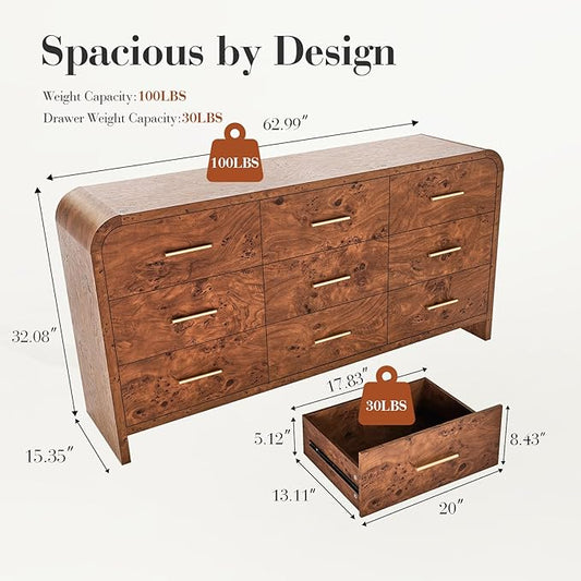 Curved 9-Drawer Dresser for Bedroom, 63" Wide Modern Chest of Drawers, Vanity Desk TV Stand for Living Room, Closet Storage Drawers Organizer Furniture, Nursery, Hallway, Dark Burl