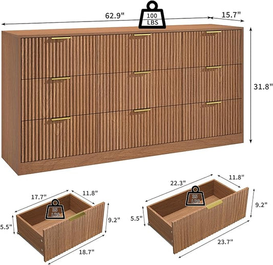 Fluted Dresser for Bedroom with 9 Drawer, 63” Wide Wooden Dresser Mid Century Chest of Drawers with Handle, Dressers TV Stand Storage Organizer for Bedroom, Living Room, Natural Wood