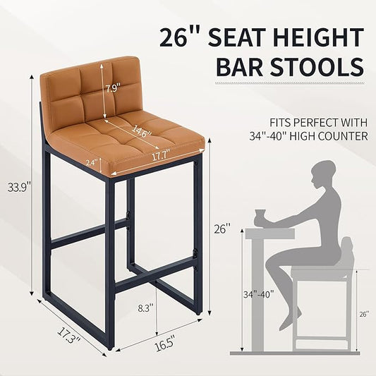 Counter Height Bar Stools Set of 2, Modern Faux Leather Counter Stools with Low Back and Footrest, Upholstered Bar Chairs for Kitchen Island, Bar, Counter (Caramel Brown, 2Pcs 26" Bar Stools)