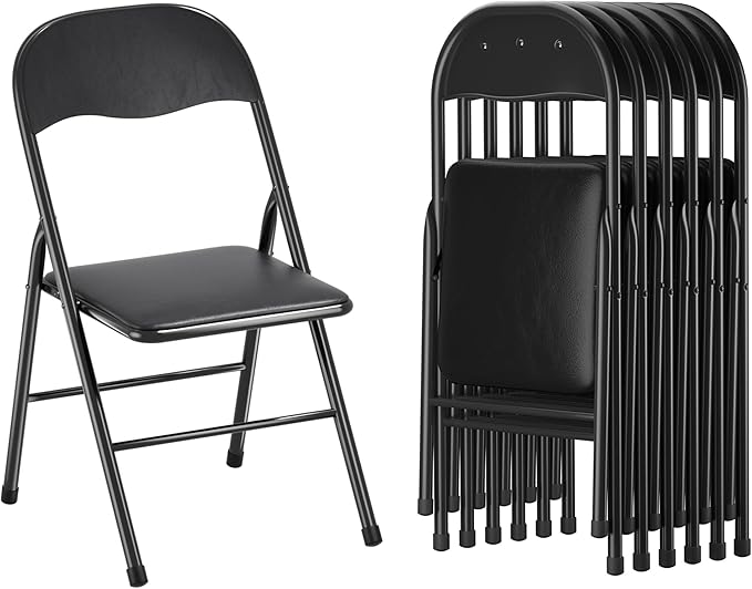 VECELO Folding Chairs 6 Pack Metal Portable with Soft PU Padded Seats for Home/Office/Party, Black