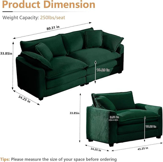 mikibama Luxury 2 Piece Sofa Set, Loveseat Couch & Sofa Armchair Set, Modern Corduroy Comfy Cloud Couches Set for Living Room Office with 2 Armrest Pillows and 3 Toss Pillows, Green