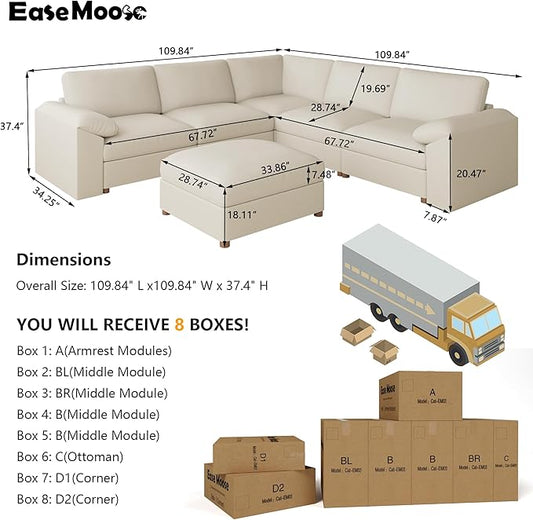 EASE MOOSE Oversized Corner Modular Sectional Sofa with Ottoman, Faux Leather Sectional Sofa with Deep Seat, Scratch Resistant Faux Leather Material, Extra Large L Shaped Couch,Beige