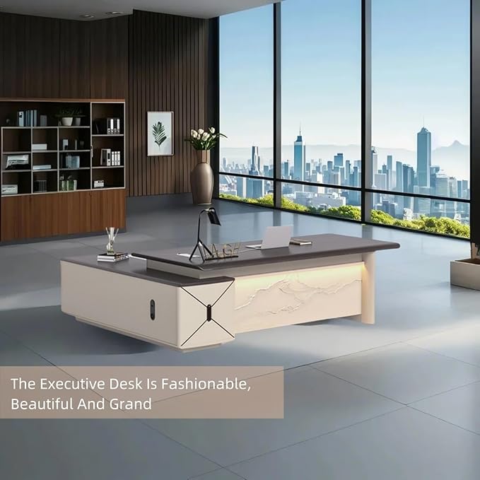 78IN L-Shaped Executive Desk with Drawer Cabinet, Executive Office Desk with LED Strip & Exquisite Handle & Fashionable Pattern Design