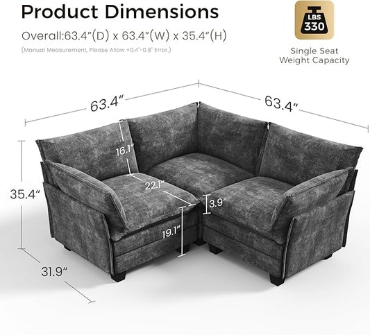 KKL Modular Sectional Sofa, V-Shaped 3 Seater Cloud Couch with Ottoman, Chenille Modern Sectional Couches for Living Room, Apartment Grey