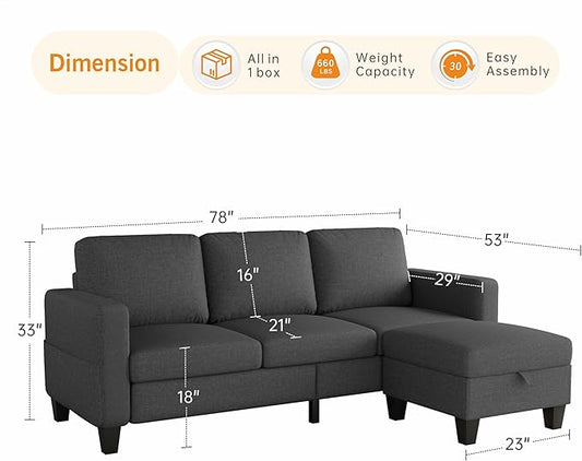 Sectional Sofa and Couches for Living Room, 78'' Dark Grey 3 Seat L-Shaped Couch with Movable Ottoman, Comfy Fabric Convertible Sectionals Sofas with Chaise for Apartment, Office, Small Space