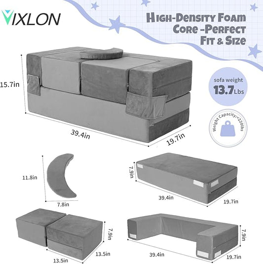 5 Pcs Modular Kids Play Couch, Toddler Couches That Fold Out, Plush Foam Chair for Children’s Playroom, Velvet Fabric Convertible Foam and Floor Cushion for Boys and Girls (Dark Gray,02)