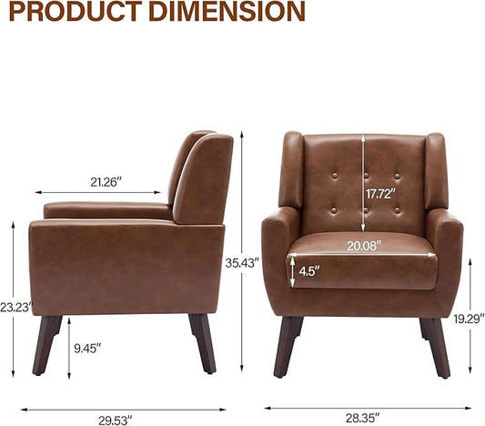 Accent Chairs Set of 2, Modern Faux Leather Armchairs for Living Room, Comfy Upholstered Arm Chairs Tufted for Indoor Bedroom Office Room (P Coffee)