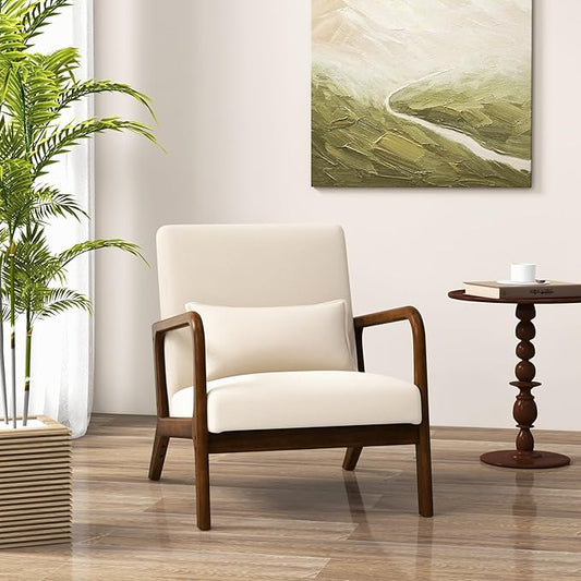 KOMFOTT Mid-Century Modern Accent Chair, Indoor Living Room Leisure Chair with Cushioned Seat & Back, Upholstered Armchair with Rubber Wood Frame & Lumbar Pillow, Lounge Chair for Bedroom, Beige