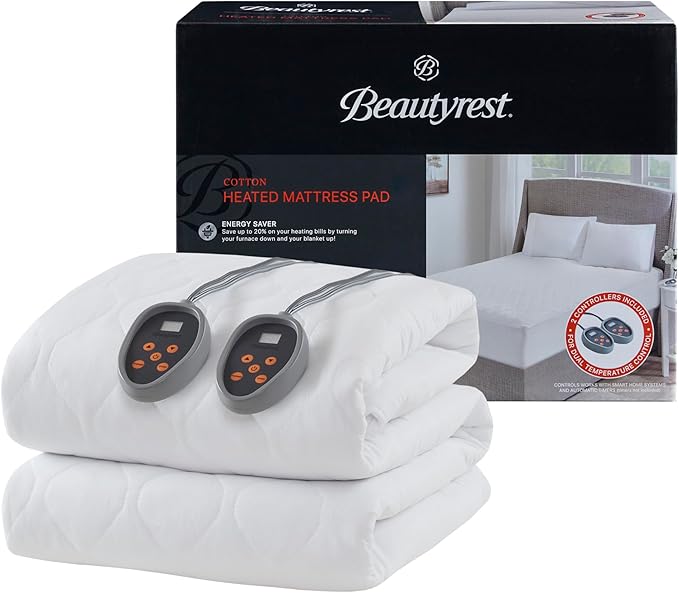 Beautyrest Cotton Heated Mattress Pad - Bed Warmer with 20 Heat Settings Controller, Auto Shut Off Timer, All Around Elastic Deep Pocket, UL Certified, Machine Washable, White Cal King