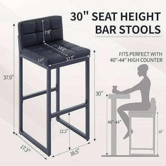 Bar Height Bar Stools Set of 2, Modern Tall Counter Stool, Faux Leather Barstools with Back, Comfortable 30-inch Seat Height Island Chairs for Kitchen Island (Black, 2Pcs 30" Bar Stools)