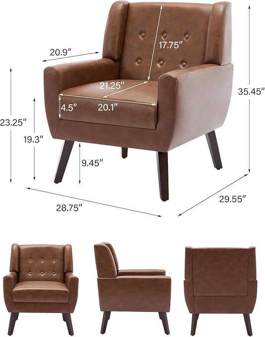 Accent Chair, Mid-Century Modern PU Leather Chairs with Arms for Living Room, Comfy Upholstered Club Single Sofa Armchair for Bedroom Waiting Room with Solid Wood Frame(Leather Coffee, Set of 2)