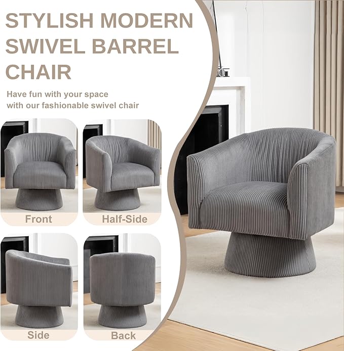 Swivel Accent Chair Set of 2, Modern 360° Swivel Barrel Chair, Corduroy Upholstered Single Sofa for Living Room, Bedroom(Gray)