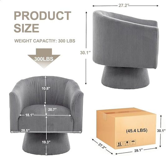 Swivel Accent Chair, Modern 360° Swivel Barrel Chair, Corduroy Upholstered Single Sofa for Living Room, Bedroom(Gray)