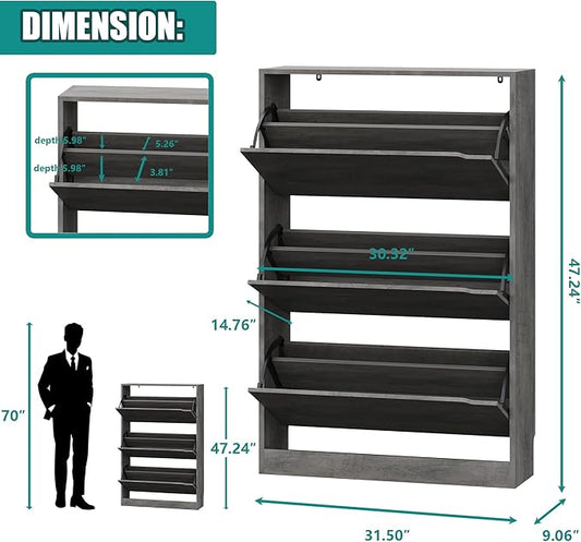 Shoe Storage Cabinet for Entryway with 3 Flip Drawers, Sturdy Wood Hidden Shoe Storage, Freestanding Narrow Slim Shoe Organizer for Front Door Entrance, Living Room, Hallway, Bedroom, Grey