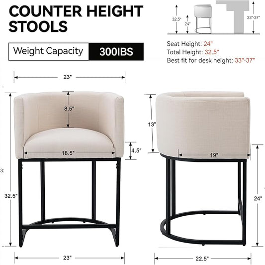 Bar Stools Set of 4, 24" Upholstered Counter Height Bar Stools, Modern Counter Stools with Metal Base for Kitchen Island Dining Room Bar, Cream
