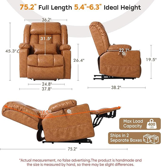 ABCASA Oversized Zero Gravity Power Lift Recliner Chair for Elderly Set of 2, Wide Dual Motor Recliners, Heat & Massage, Charging Ports, Cup Holders, Extended Footrest, PU Leather, Orange Brown