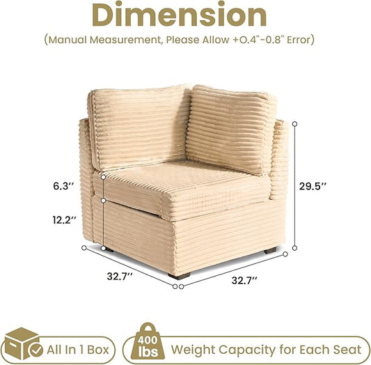32.7'' Corner Seat for Modular Sectional Sofa, Deep Seat Upholstered Convertible Sleeper Sofas, L/U/V Shaped Plush Corduroy Cloud Couch for Living Room Apartment, Beige