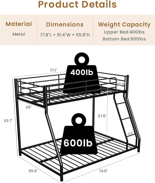 Twin Over Full Bunk Bed for Adults & Kids, Heavy Duty Bunk Beds with EVA Padded Ladder and Full-Length Guardrails, Noise-Free Metal Bed Frame, Space-Saving Design, Black
