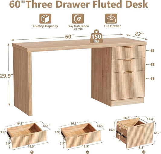 60'' Fluted Executive Desk with Drawers,Wood Home Office Desk with Storage Modern Fluted Computer Writing Desk for Study, Living Room, Bedroom,Natural Oak