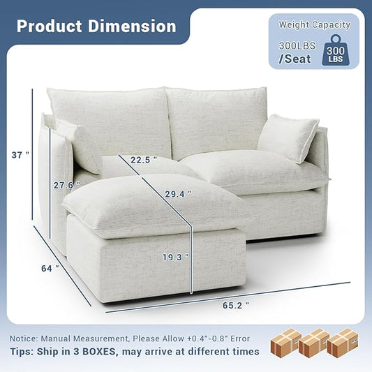 Cloud Modular Sectional Sofa, Waterproof Down Filled Sectional Sofa, High Backrest Loveseat Couch with Ottoman, Modern Modular Couch with Removable Cover, Cream White