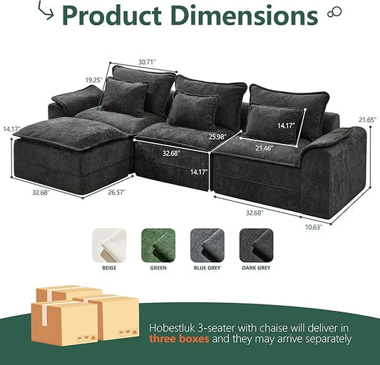 Hobestluk 120" Cloud Modular Sectional Couch 3-Seater Sofa with Ottoman L Shaped Sofa with Removable Cover Large Sofa Couch for Living Room (Dark Grey, 3-Seater Sofa with One Ottoman)