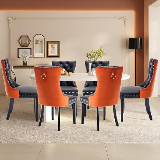 Leather Upholstered Dining Chairs Set of 8, Modern Style Kitchen Side Chairs with Nailhead Trim and Wood Leg, Metal Pulling Ring for Dining Room Living Room