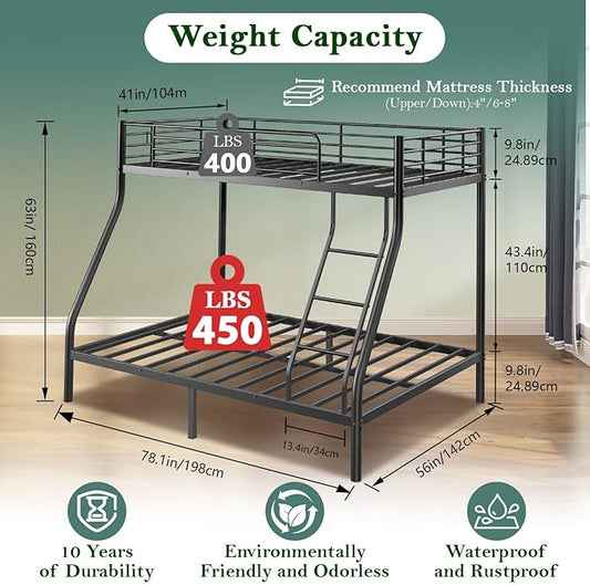 Bunk Beds Twin Over Full Size, Heavy Duty Bunk Beds with Bottom Space & Guardrail Metal Bunk Bed Frame for Adults Dorm Bedroom Guest Room, No Box Spring Needed(Upgrate Black)