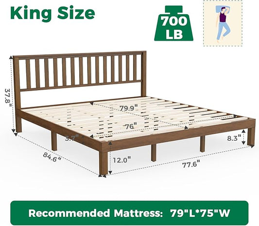 DELAVIN King Size Bed Frame and Headboard, Mid Century Modern Platform Bed, Malaysian Oak Bed with 12 Slats Support,Solid Wood Function, No Box Spring Needed, Easy Assembly, King, Antique Espresso