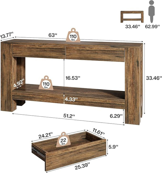 Tribesigns 63" Console Table with 2 Drawers, Farmhouse Entryway Table with Storage Shelf and Sturdy Legs, Wooden Sofa Table for Living Room, Hallway, Entrance (Dark Brown)